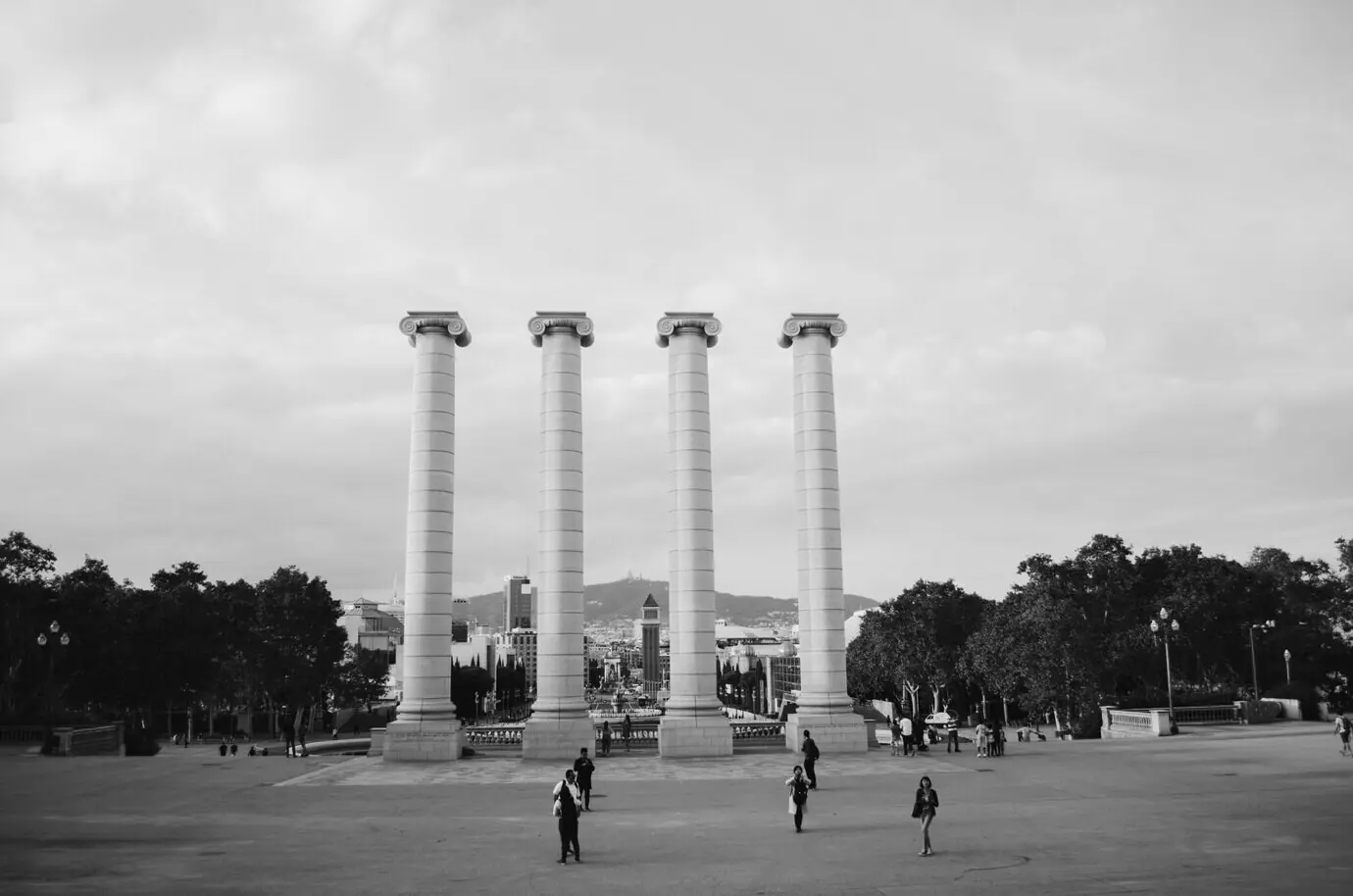 Black-and-white photograph of architectural columns in the park
