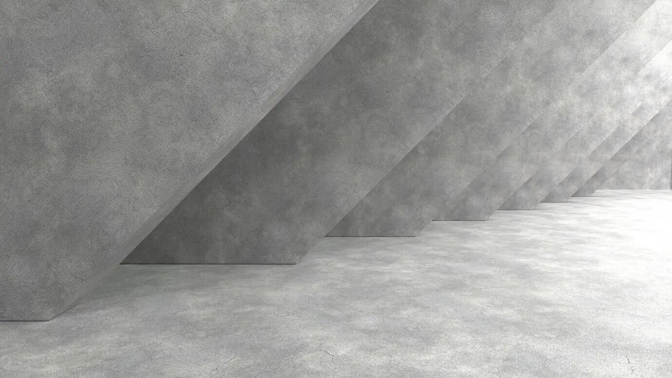 Three-dimensional concrete interior with architectural columns and structures.