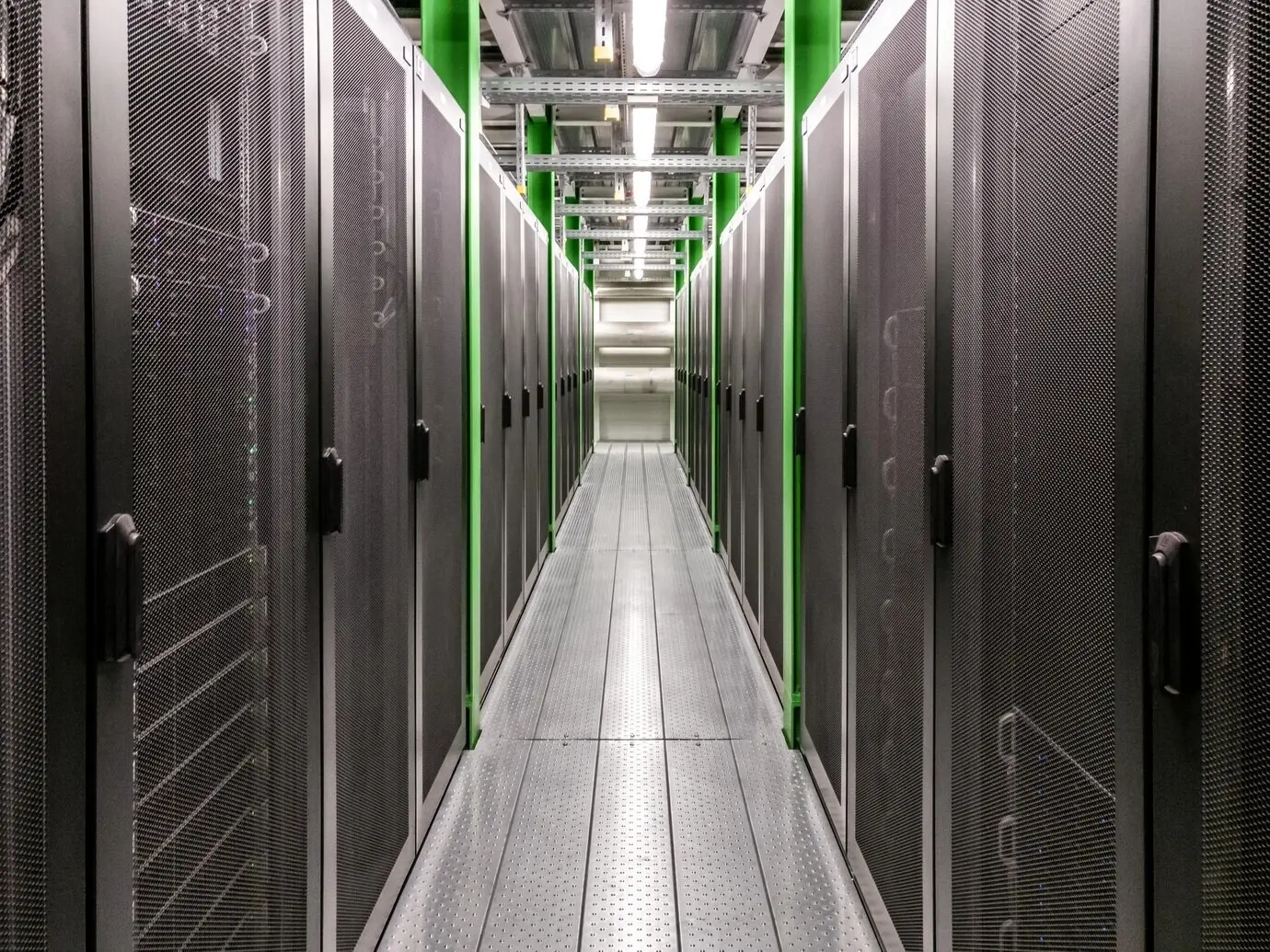 A corridor inside a data center server room