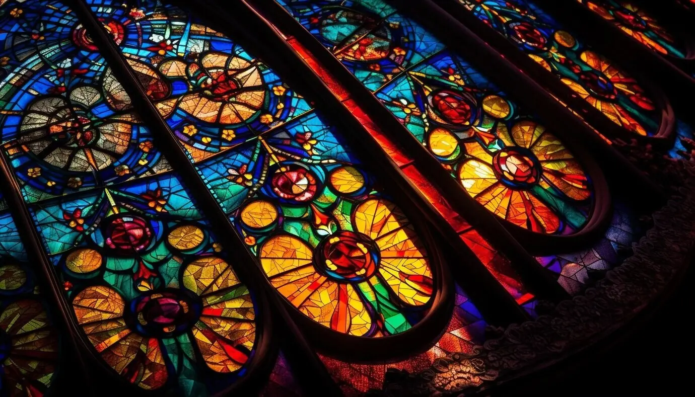Stained glass windows illuminate the spirituality of an ancient cathedral, AI-generated.